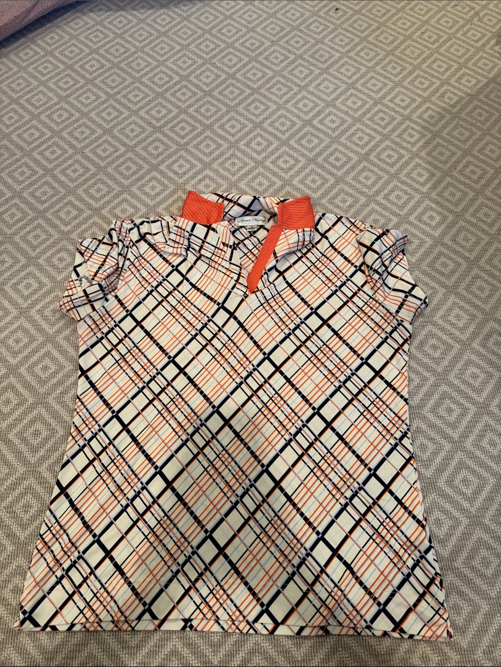 Sport Haley Orange and Navy Plaid Polo top